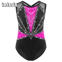 Niños Niñas danza gimnasia leotardo cuello redondo sin mangas entrecruzado espalda brillante diamantes de imitación Color bloque rendimiento Ropa de baile