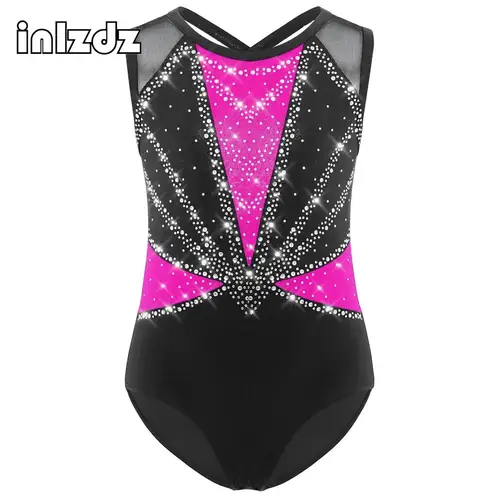 Niños Niñas danza gimnasia leotardo cuello redondo sin mangas entrecruzado espalda brillante diamantes de imitación Color bloque rendimiento Ropa de baile