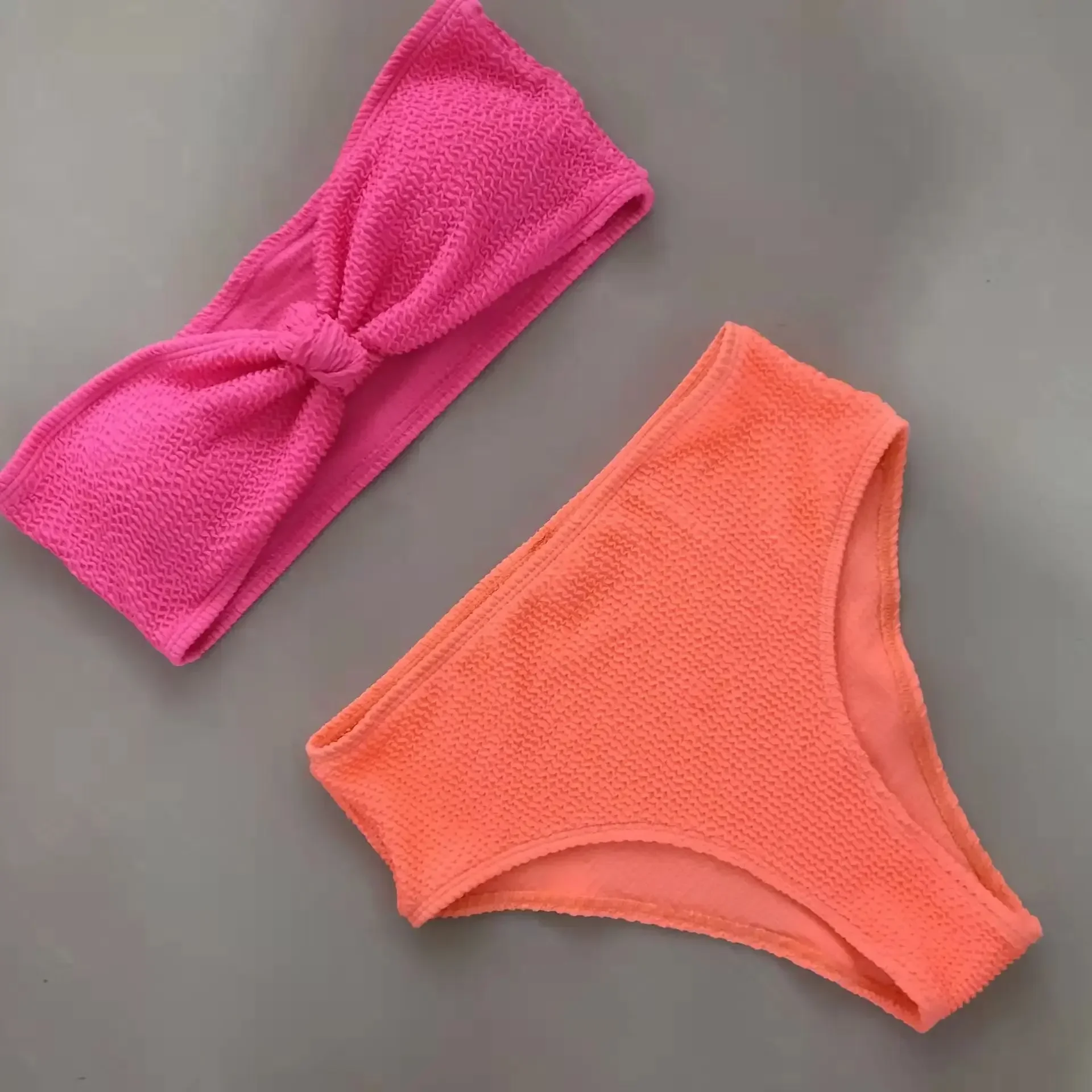 2024 Zomer Womens Getextureerde Hoge Taille Bikini Borstknoop Badpak Oranje Groen Badpak Voor Dames Badkleding