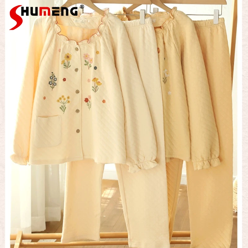 مجموعة ملابس منزلية مطرزة لطيفة وجميلة للسيدات للخريف والشتاء على الطراز الياباني بيجامات نسائية سميكة ودافئة مبطنة للاستلقاء #5