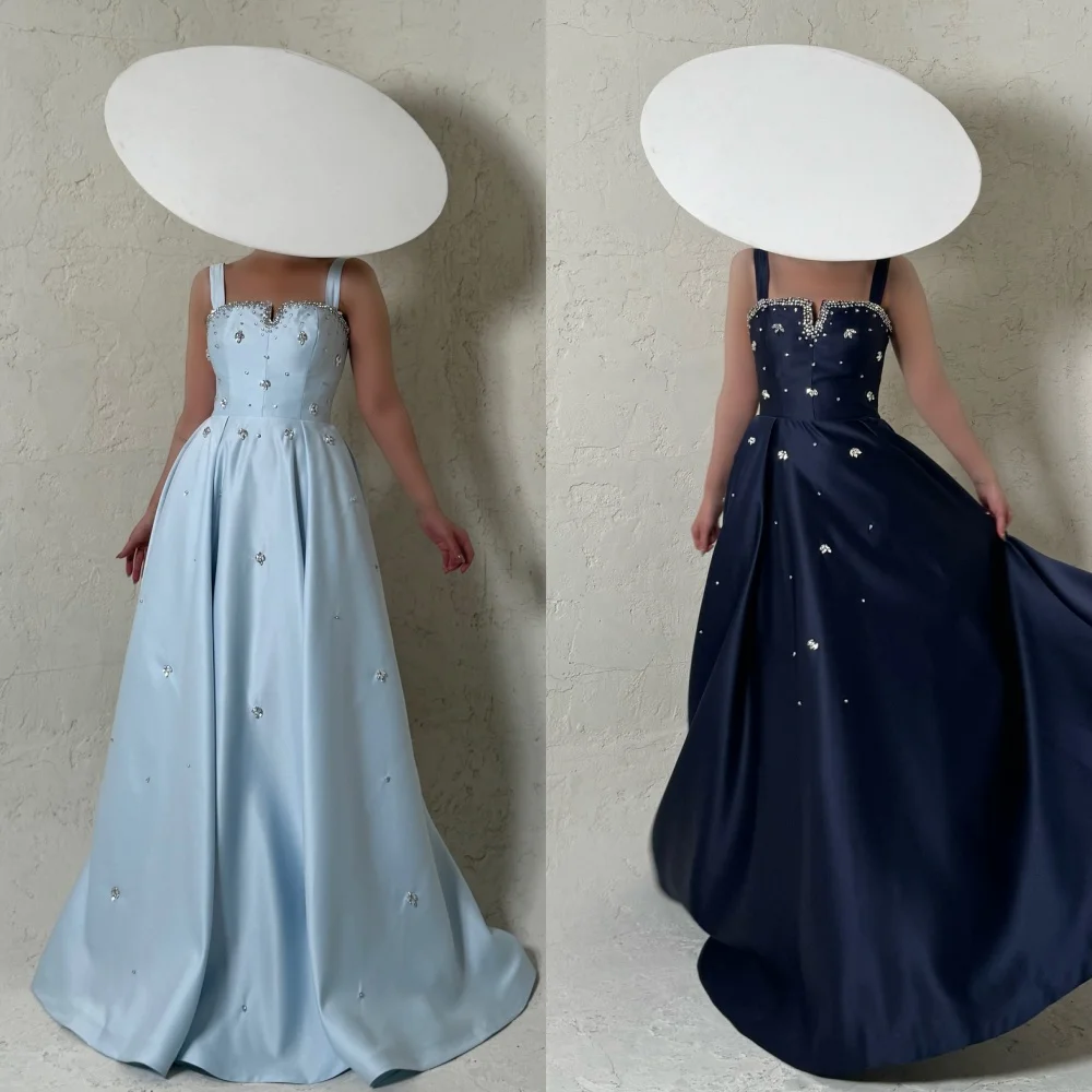 

Customized High Quality Exquisite Charmeuse Pleat Rhinestone A-line Spaghetti strap Long Dresses Bespoke Occasion Dresses Formal