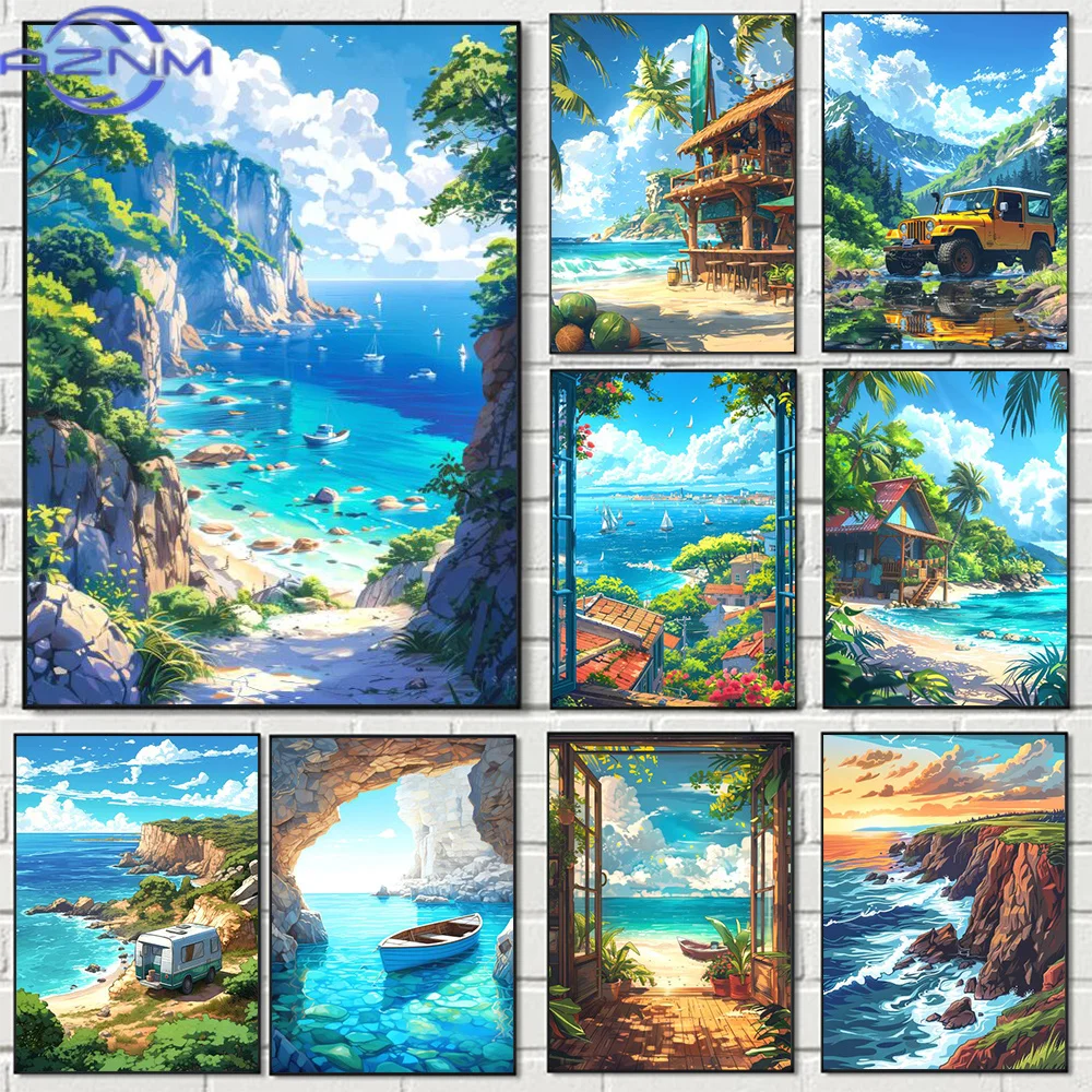 AZNM Blue Cabin Beach Forest Canvas Painting Sea Summer Beach Bar Anime Wall Art HD Print Poster For Living Room Modern Home Dec