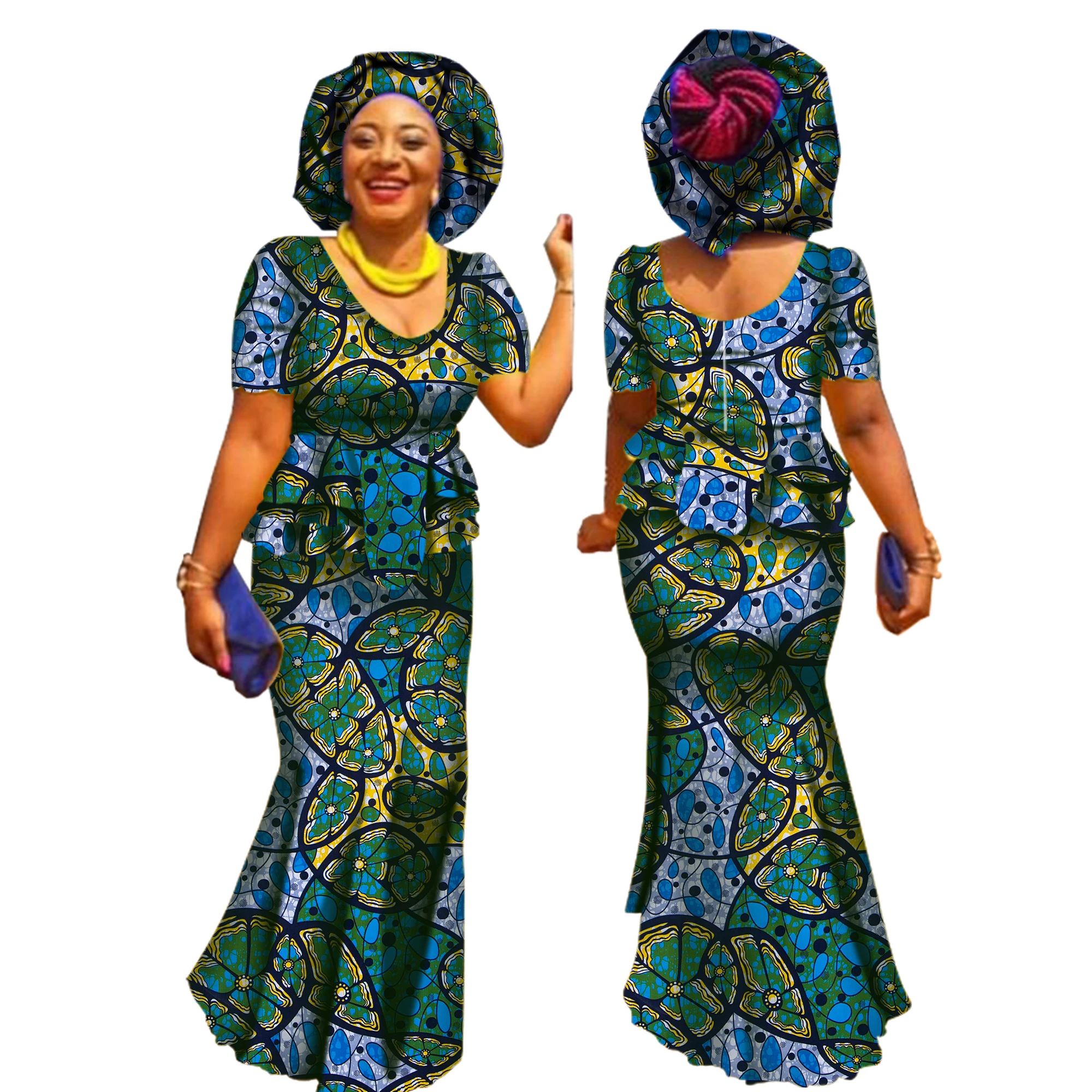New African Dresses For Women Summer Work Skirt Set Designed Clothing Traditional Bazin Print Riche Plus Size Natural WY1576