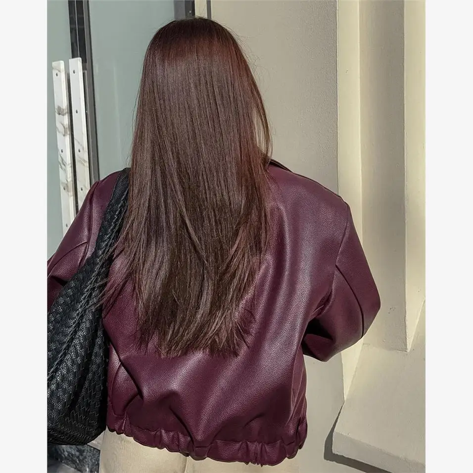 Jaet in pelle PU da donna allentata Autunno Inverno Nuovo Sle Chiusura con cerniera Moto Sle Colletto Flip Capispalla Lungo Sve