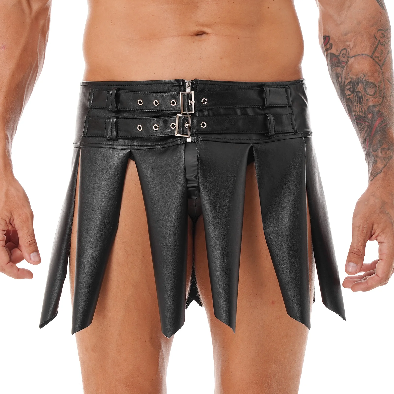 Mens Roman Costumes Faux Leather Tassel Skirt Halloween Gladiator Cosplay Kilt Adjustable Buckle Waistband Warriors Miniskirt