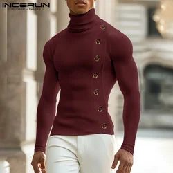 INCERUN Men Well Fitting Long Sleeve Tops Solid Color High Collar Texture Knitted Simple T-shirts Casual Buttons Design Camiseta