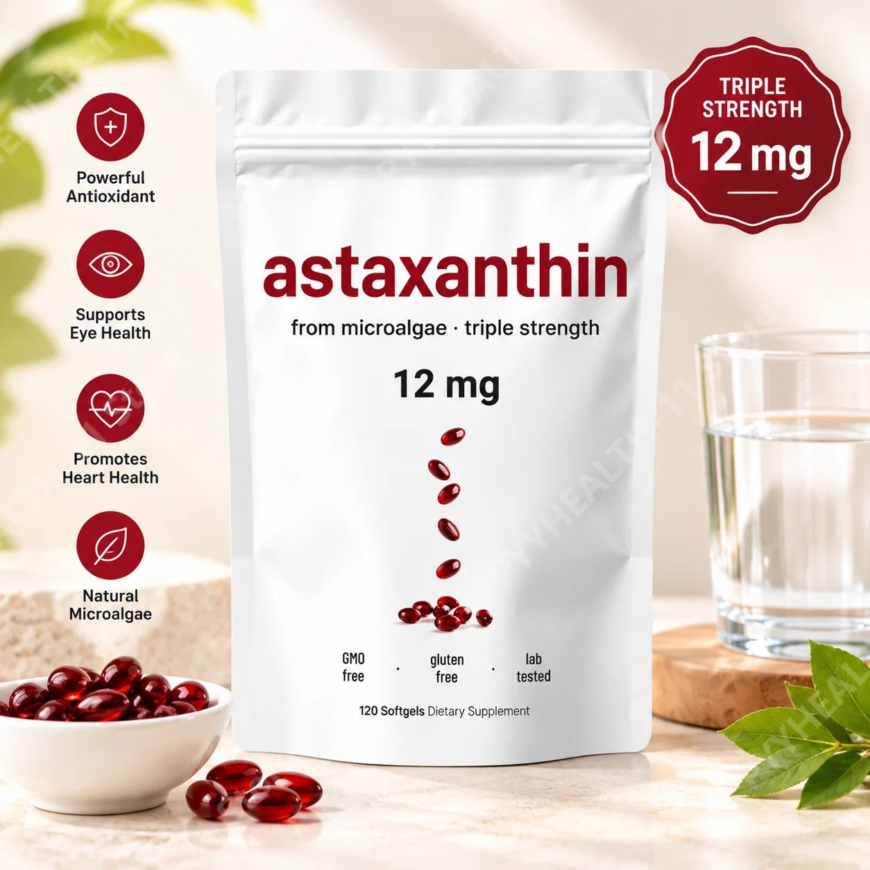 Astaxanthin 12mg Softgels Plant Based Microalgae Oil Supplement Antioxidant Support Eye Skin Health Dietary Supplement120pcs
