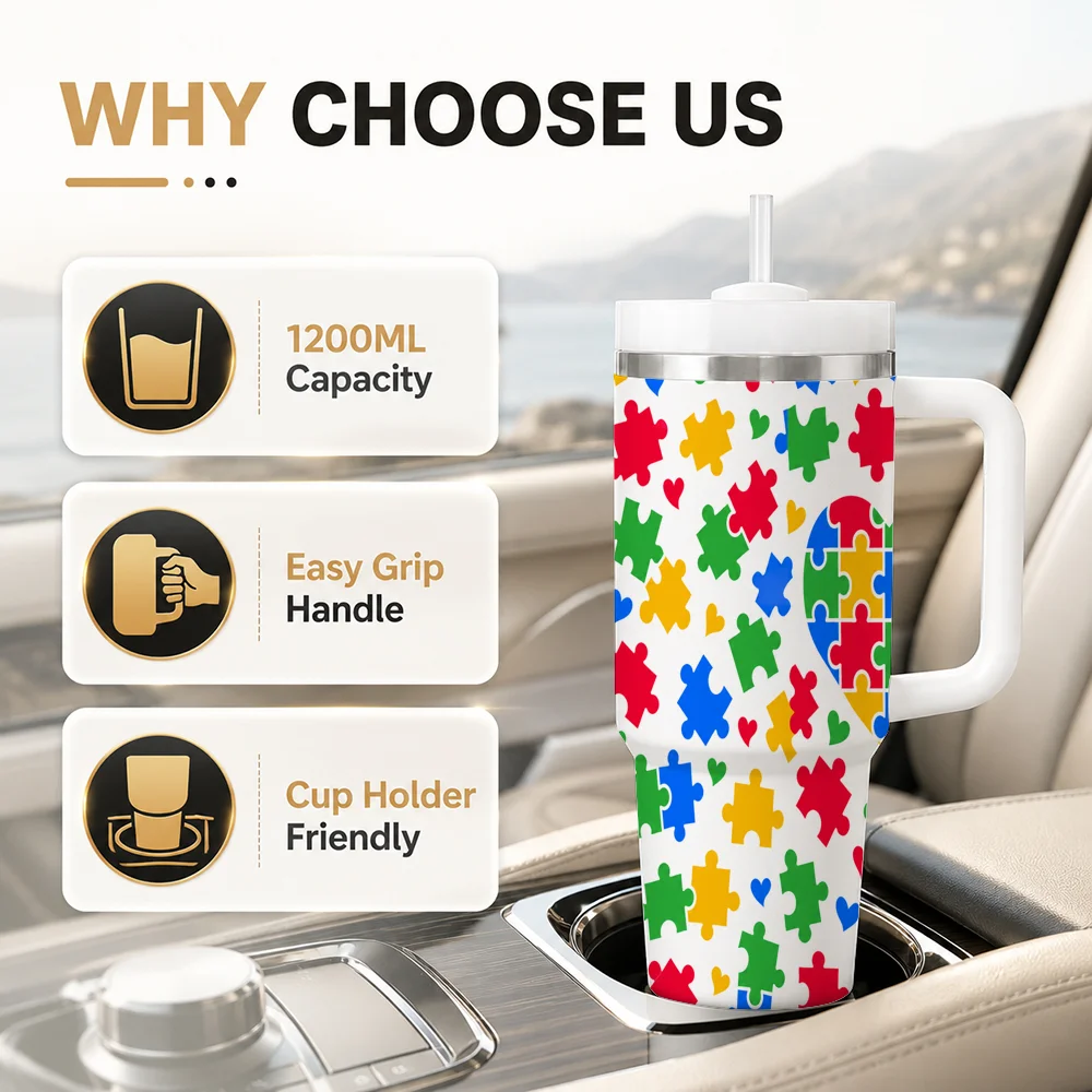 Autism Puzzle Vacuum Flasks 40oz Leakproof Steel Tumbler w/ Lid Straw Handle Hot Cold Drinks