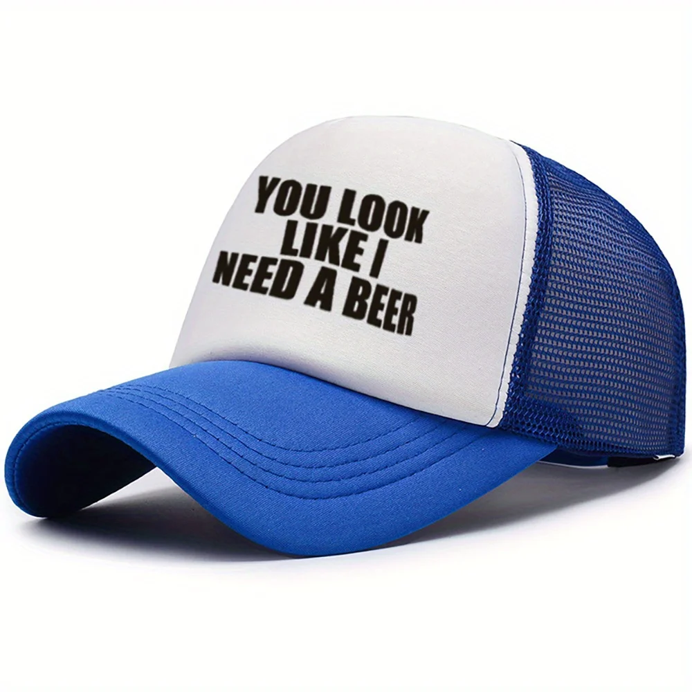 レディース調節可能通気性メッシュ野球帽、「ビールが必要なように見える」プリント、白黒コントラストデザイン、カジュアル
