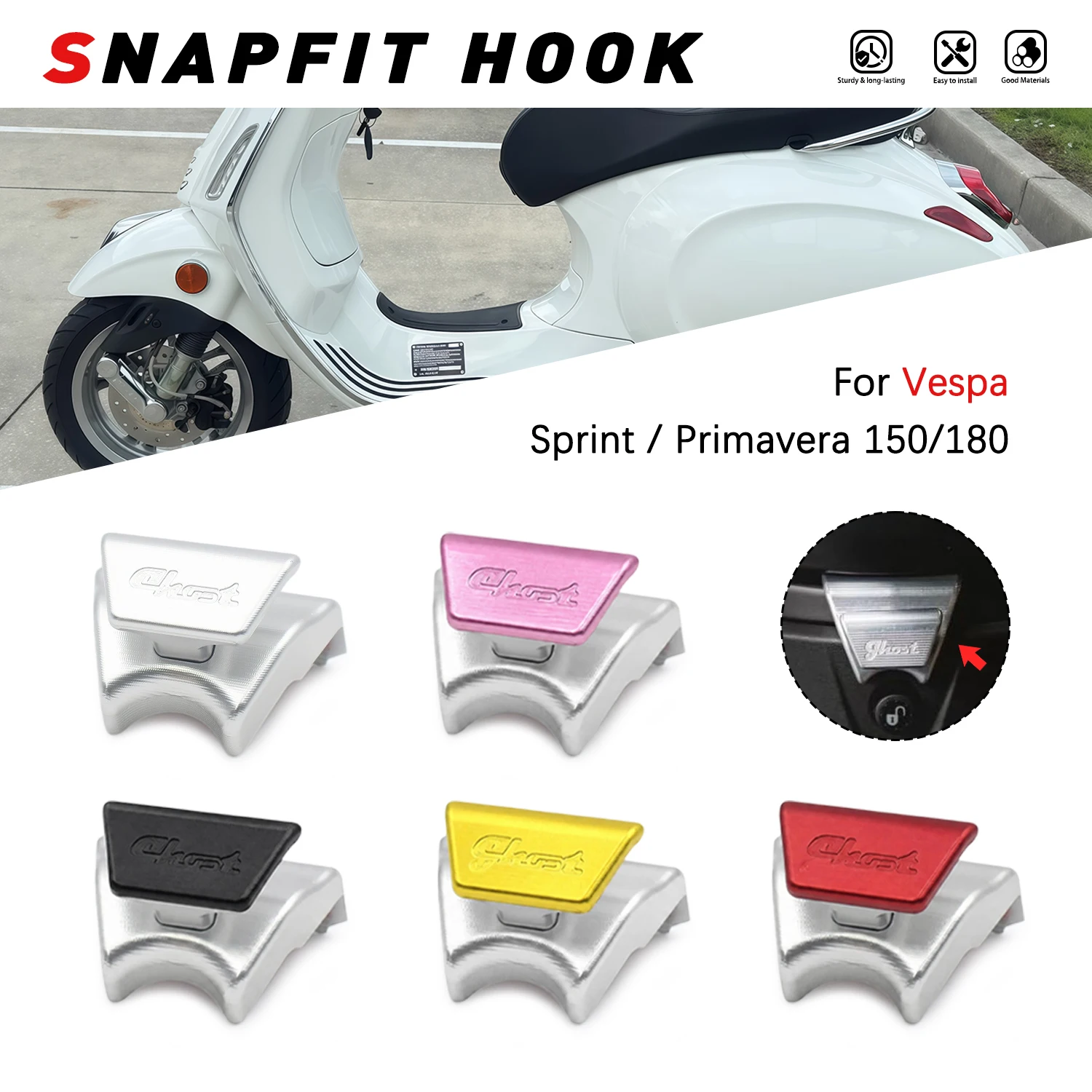 No Drilling Snapfit Hook For Vespa Sprint Primavera 150 180, CNC Alloy, Snap-on Mount, Two-color Match, Scooter Storage Hanger
