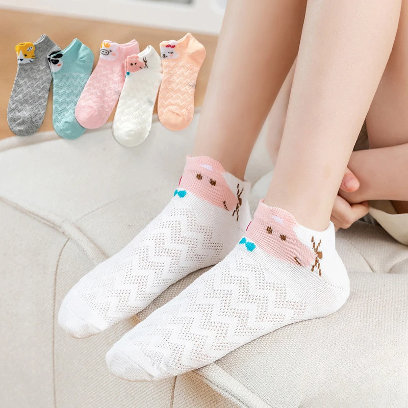 5 Double Set 2024 Spring/summer Season New Children's Mesh Cute Cartoon Three-dimensional Girl Invisible Breathable Short Socks