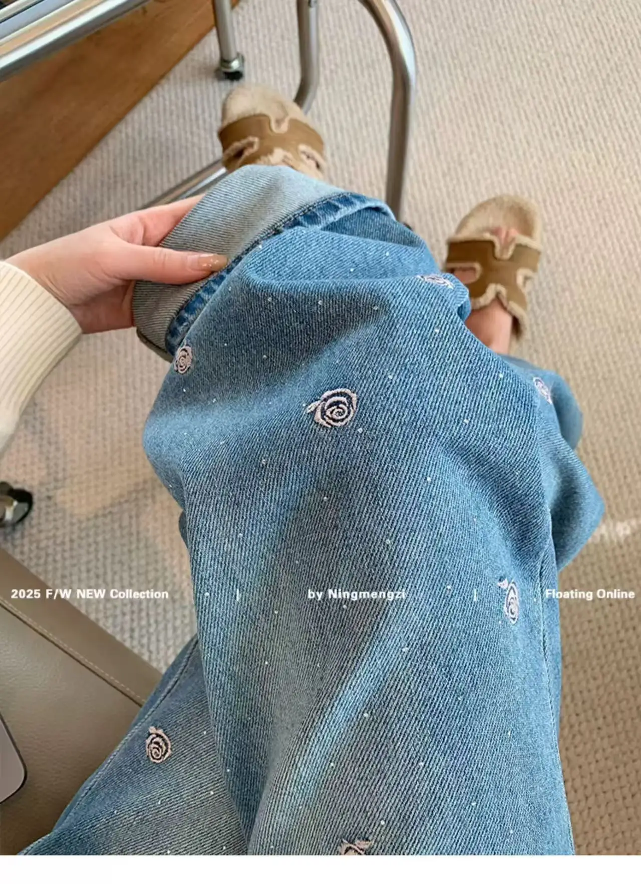 Jeans da donna Pantaloni a gamba larga Jean a vita alta Denim lavato Tasche vintage Pantaloni alla caviglia Cerniera con mosca Diamanti ricamati