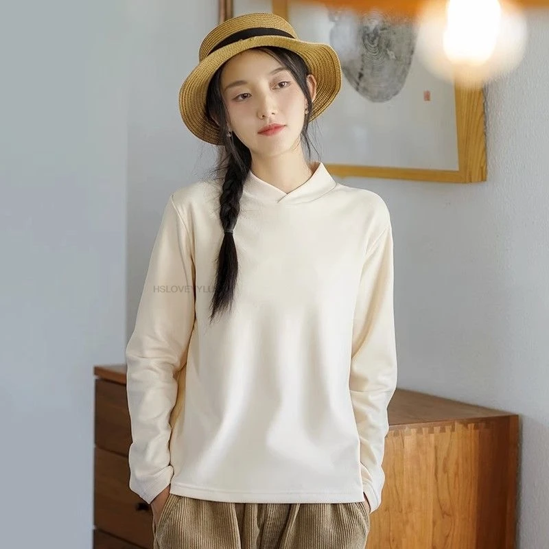 

Китайская осенне-зимняя двусторонняя бархатная футболка с длинными рукавами, модная и шикарная блузка, топ под верхом, топ в стиле ретро, чайный арт