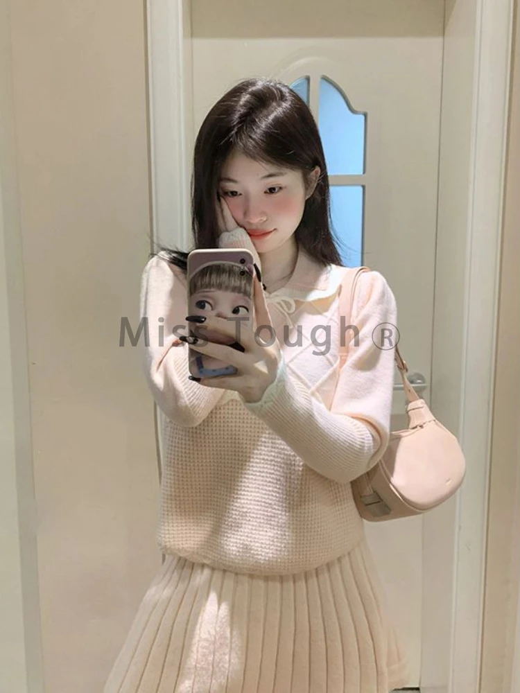 Preppy Style Elegant Knit 2 Piece Suit Woemn Autumn Winter Sweet Doll Collar Pink Skirt Suit Kawaii Sweater + Pleated Skirt Sets