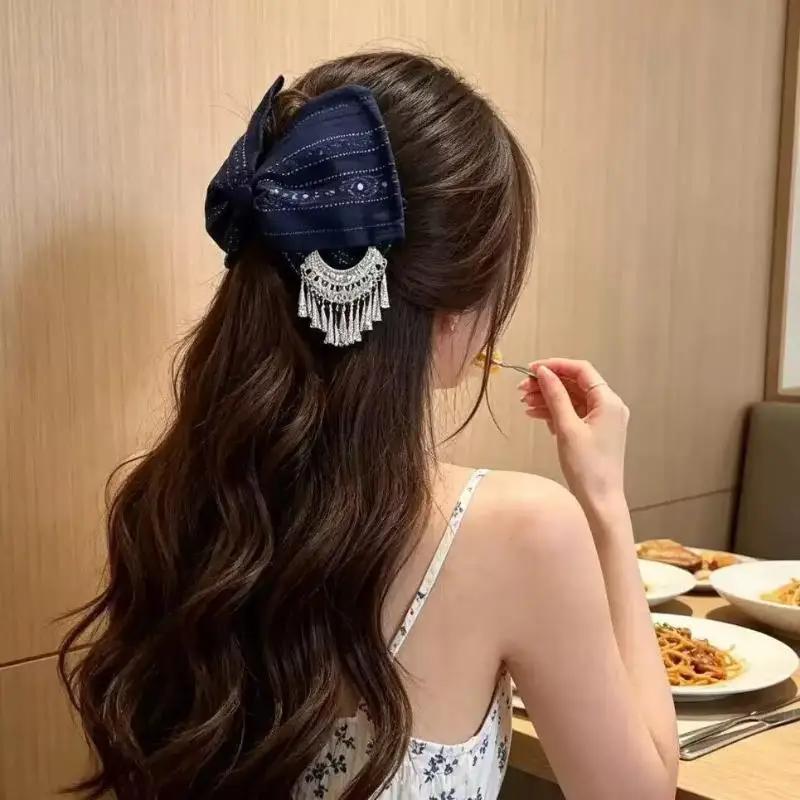 Ethnic Hair Claw Clip Premium Soft Fabric 1Pcs Navy Blue Silver Tassel Secure Grip Long Lasting Durable Hair Accessory