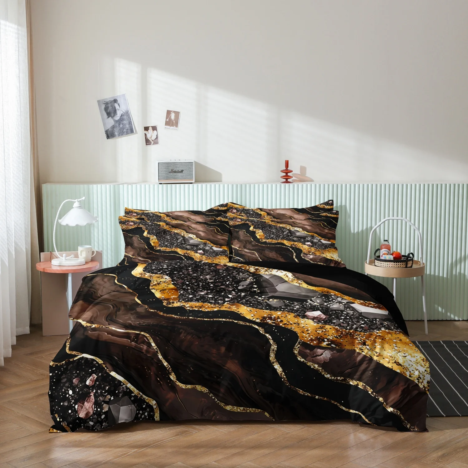  3Pcs Luxury Gold Black Marble Geode Print Duvet Cover Set, Dark Brown Agate Golden Crystal Stone Print Bedding