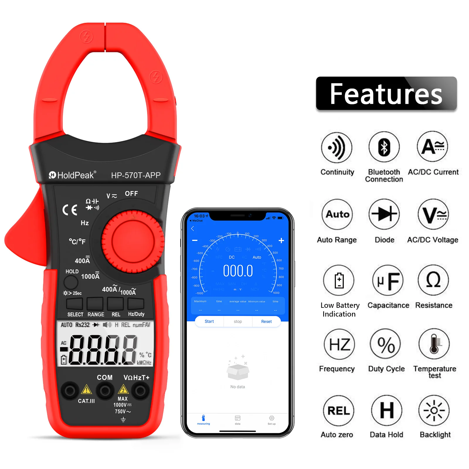 Holdpeak Digitale Stroomtang HP-570T-APP 1000A Ac/Dc Stroom Spanning Capaciteit Temperatuur Multimeter Aansluiten Op Telefoon Tester