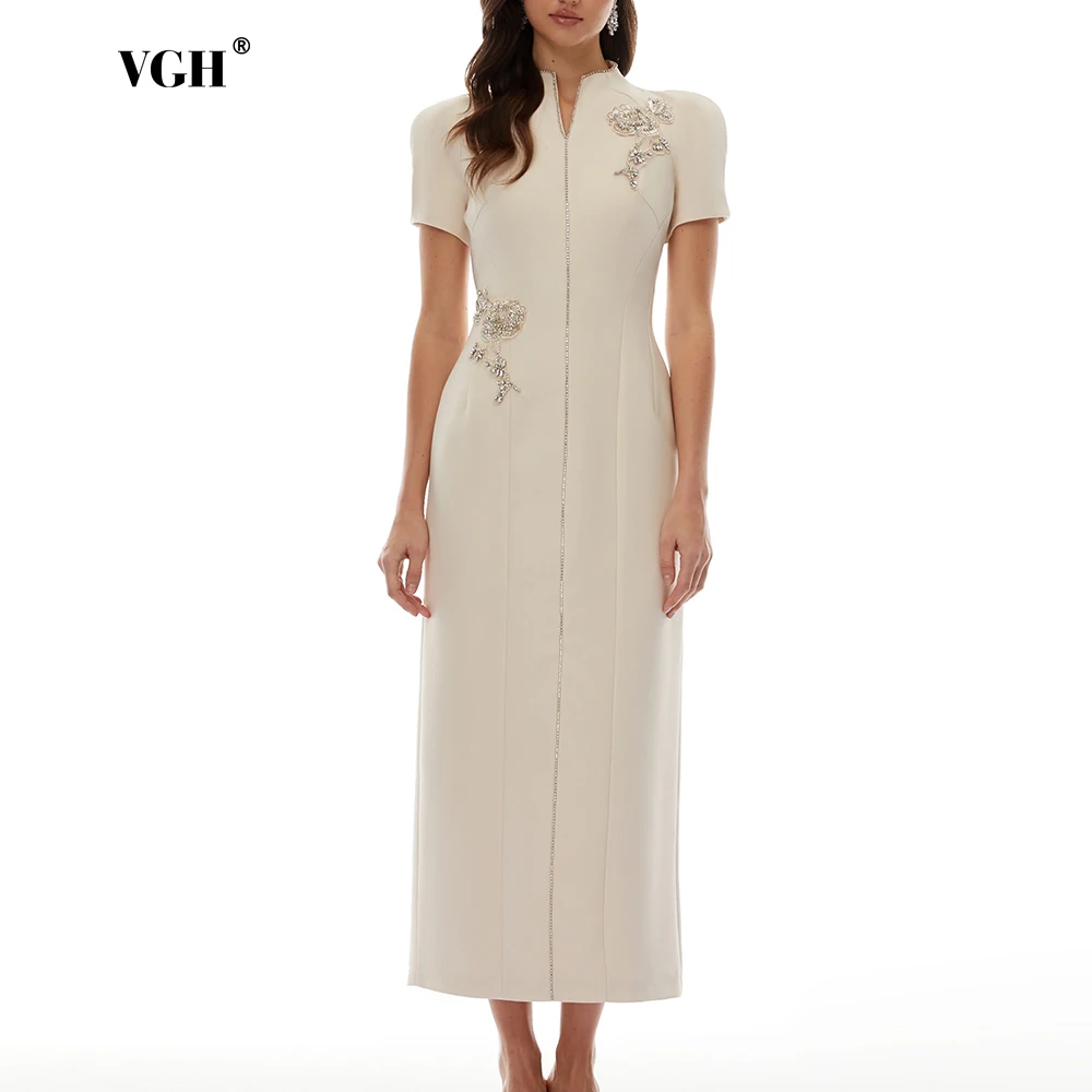 

VGH Apricot Mandarin Collar Maxi Dress for Women Short Sleeve Beaded Embroidery Tailored Waist Back Slit Design for Formal Event