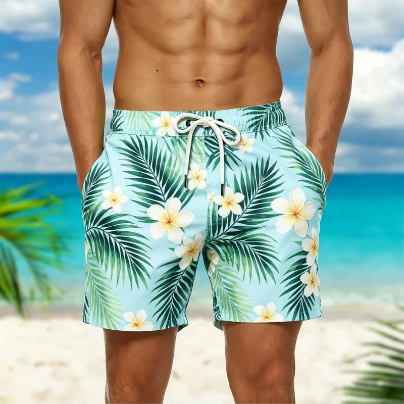 Men's Tropical Floral & Foliage Print Casual Shorts， for Summer Outings, Pool Days, Casual Errands & Cool Everyday Wear