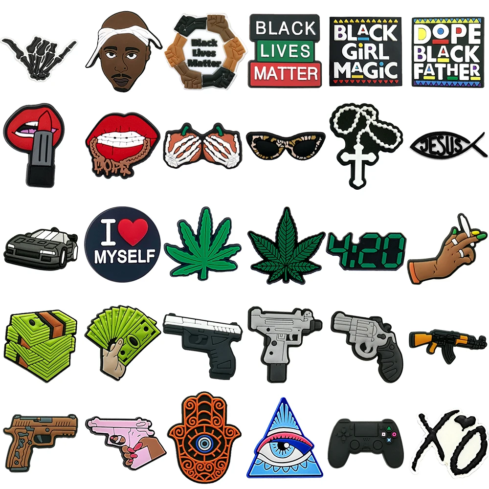 1/30pcs Trends Hood Style Shoe Charms HipHop Singer Game Controller Dollar Gun Men Boys Shoe Accessories Pins Clogs Decorations