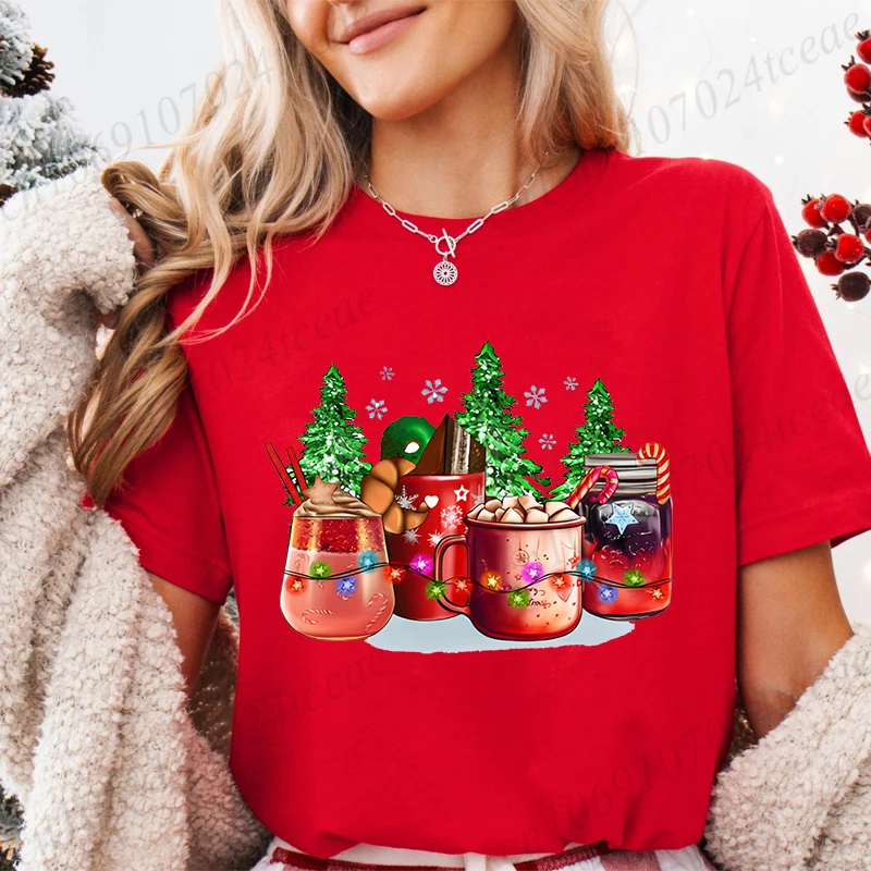 Christmas Lights Red Wine Glass Women T-shirt Fashion Christmas Drinking Party Tops Harajuku Casual Aesthetic Women Men Clothing