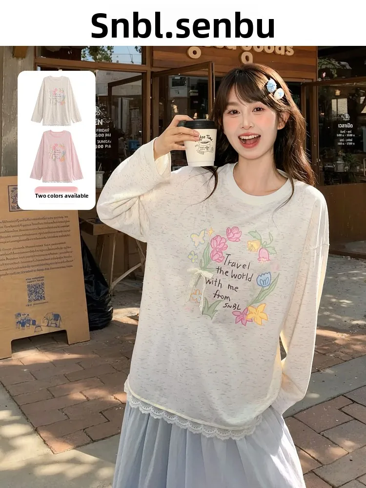 

Женская футболка свободного покроя с милым цветочным принтом и кружевной отделкой, длинная све, тонкая дизайнерская осенняя новая футболка в стиле Sle Fairy T