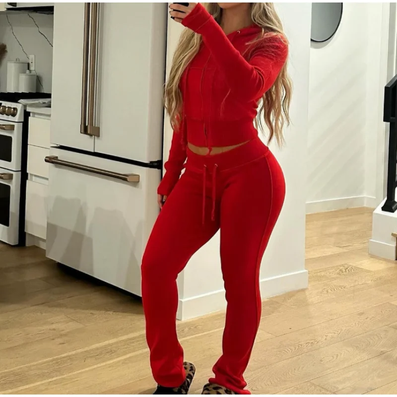 Conjunto de calças compridas europeu e americano primavera e outono sexy sexy slim fit com zíper de cordão com zíper de umbigo exposto