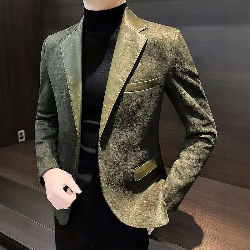 Casual Men's Suit Jacket Autumn Winter Korean Hong Kong Style High End Handsome Patchwork Western Wear Slim Fit Youth Trend