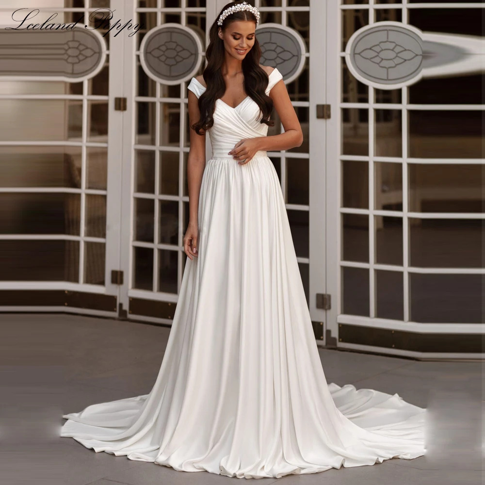 

Lceland Poppy Elegant A Line V Neck Pleated Satin Wedding Dresses Sleeveless Bridal Gowns with Court Train