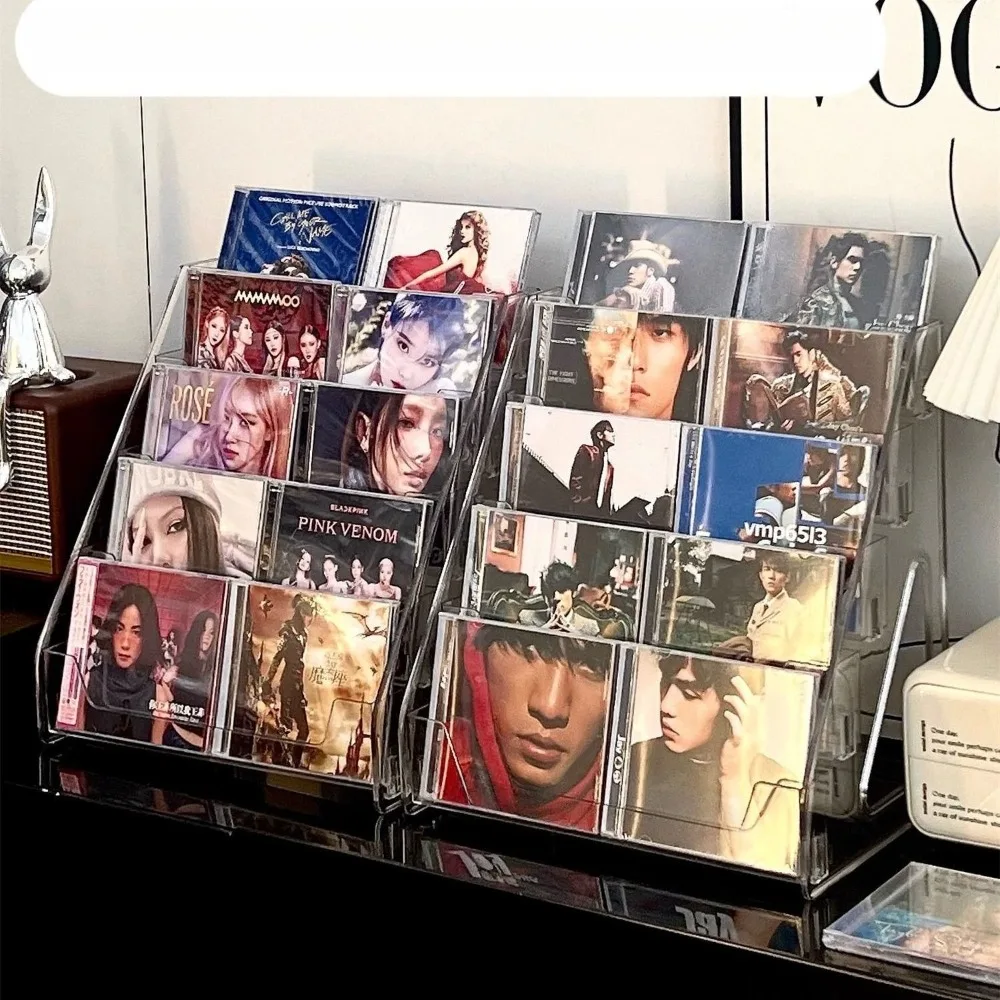 Estante acrílico para CD con escalones, caja de almacenamiento de discos de vinilo, soporte de exhibición multiusos para discos, DVD, cintas, álbumes