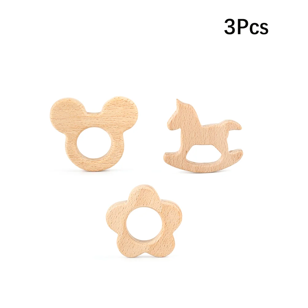 3Pcs/Set Animals Wooden Teether Natural Beech Wood Pendant Safety Environment Baby Teething Toys Pacifier Chain Accessories