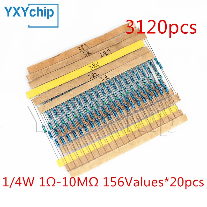 

3120pcs 156 Value 1/4 Watt Metal Film Resistor Assorted Kit,1% Resistor Samples Pack 1 Ohm-10m Ohm Diy Electronic Components Set