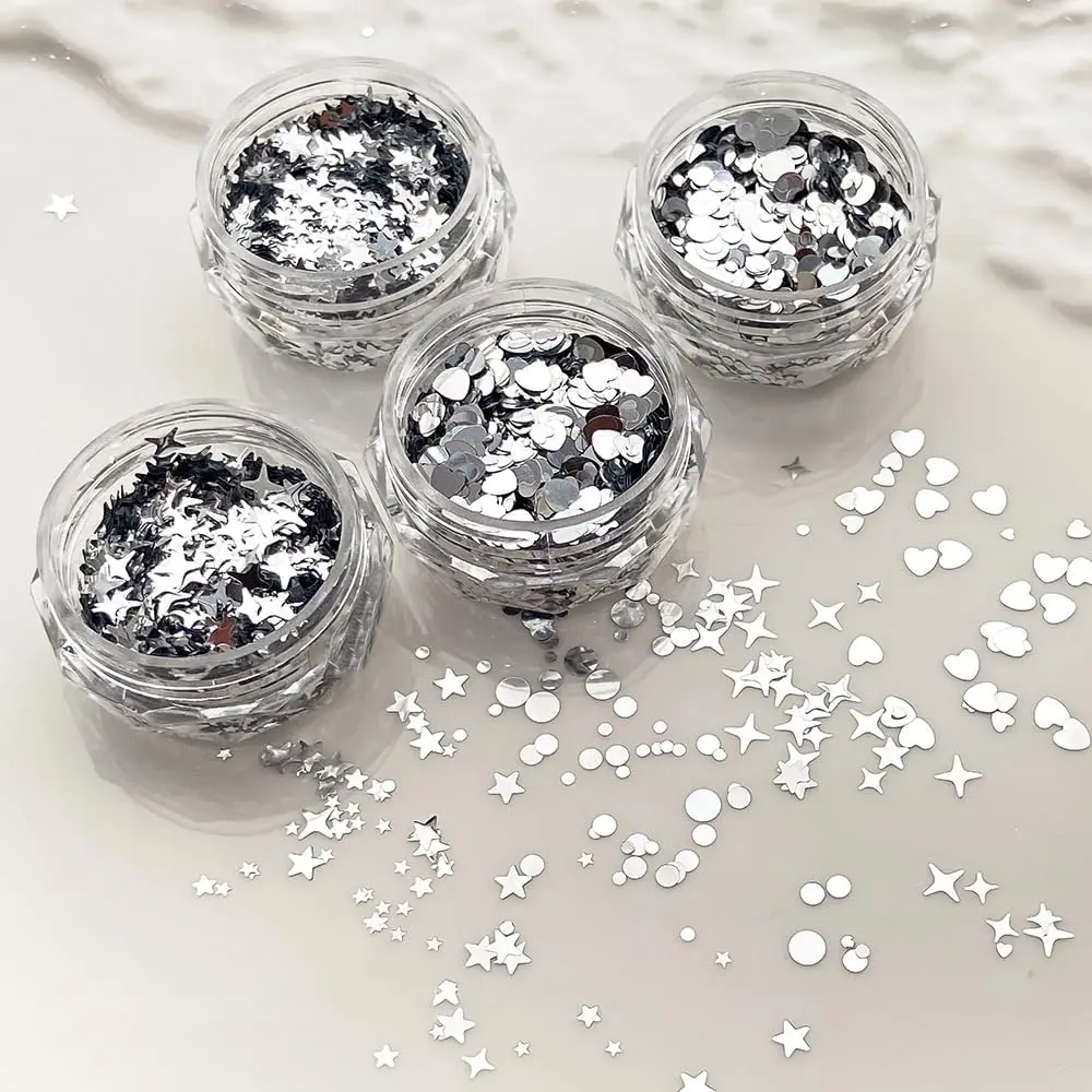 4 Jars Silver Glitter Mix Sequins Set Star Heart Circle Shapes for DIY Nail Art Crafts Manicure Decor Shiny Flakes
