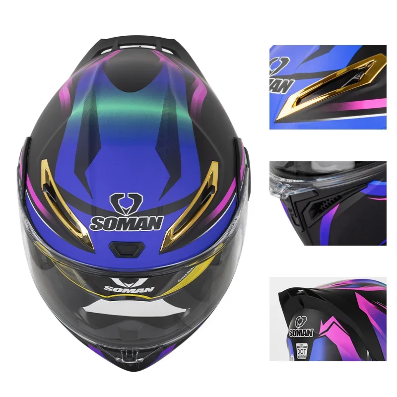 SOMAN-Capacete de motocicleta integral para homens e mulheres, lente dupla, capacetes flip-up, viseira aprovada DOT, acessórios de moto racing