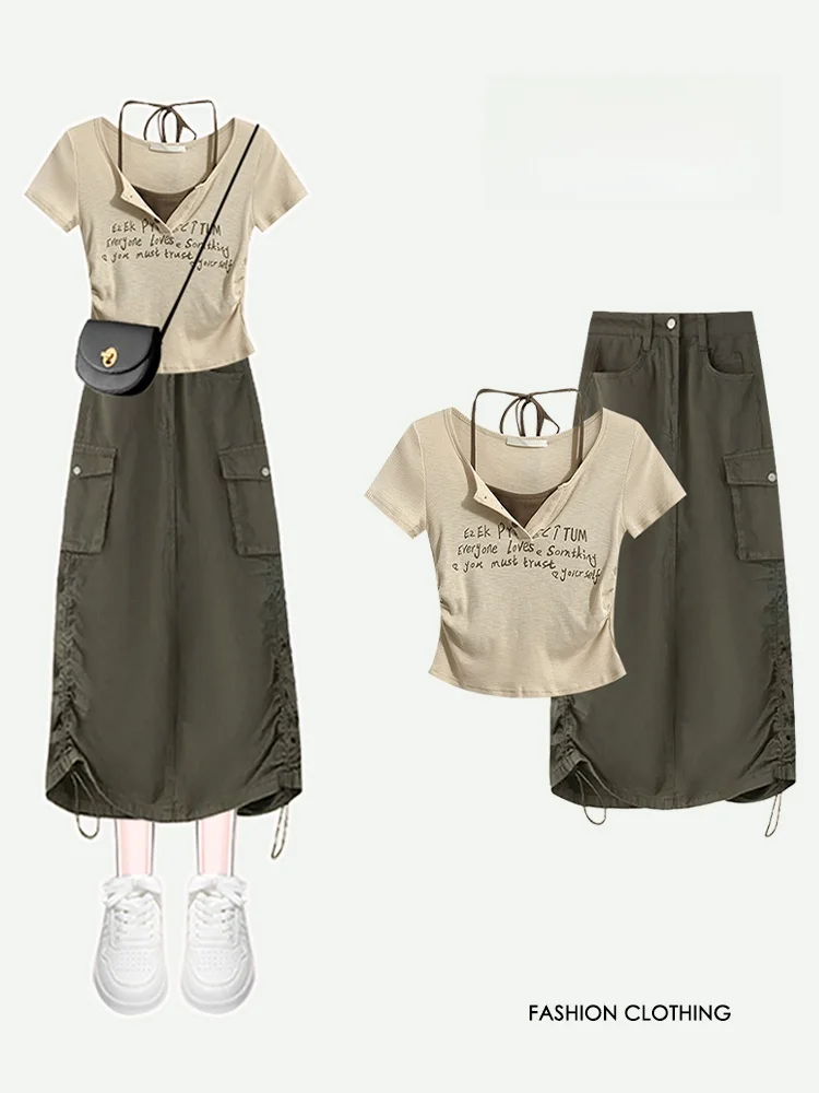 

Модный летний комплект для женщин больших размеров: топ с открытыми плечами в американском стиле и юбка-комбинезон для работы