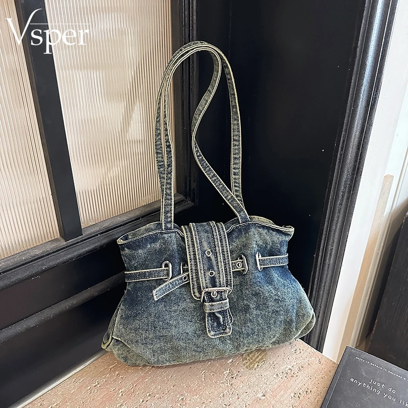 

Сумка-хобо Vsper Retro Denim Blue для женщин: стильный дизайн, маленькая сумка-тоут, высококачественная сумка-ведро, новая дизайнерская модель 2026 года