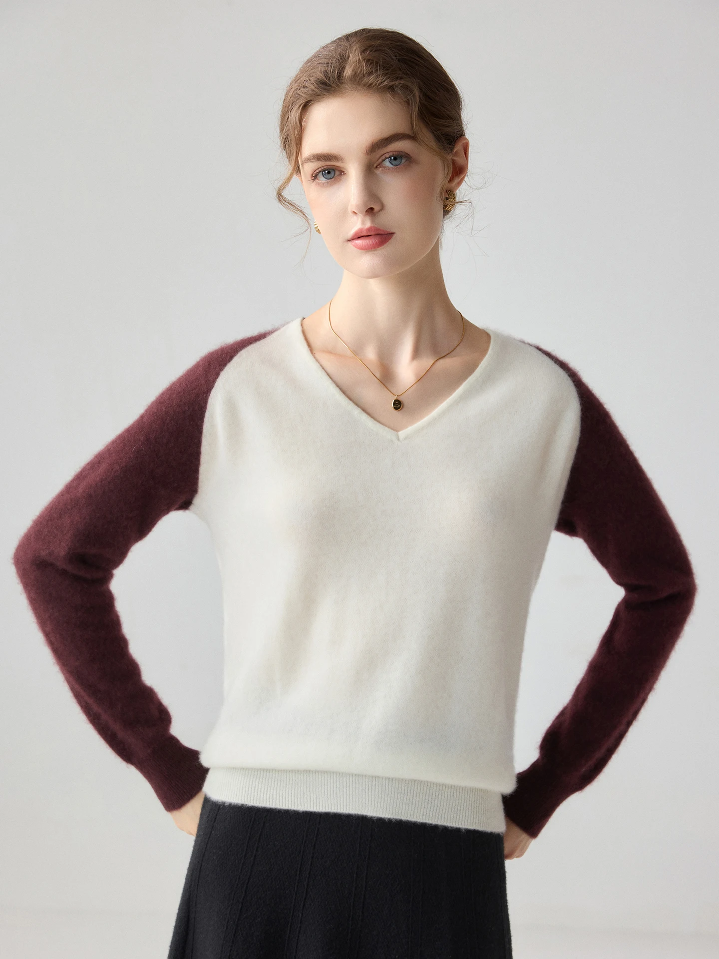 TLOML Women's 100% Cashmere Sweater Color Blocking V-Neck Pullover Autumn Winter Cashmere Knitwear Soft Warm High Quality Tops