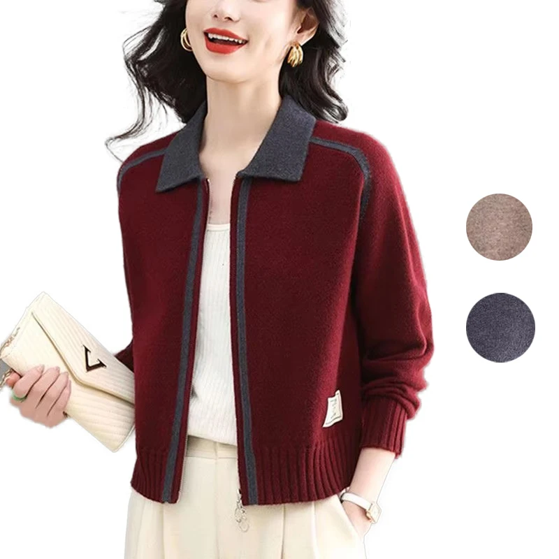 Fashion Zipper Woolen Sweater For Woman Lapel Long Sleeve Tops Spring Autumn Short Knitwear Jacket Ladies Slim Cardigan Coat