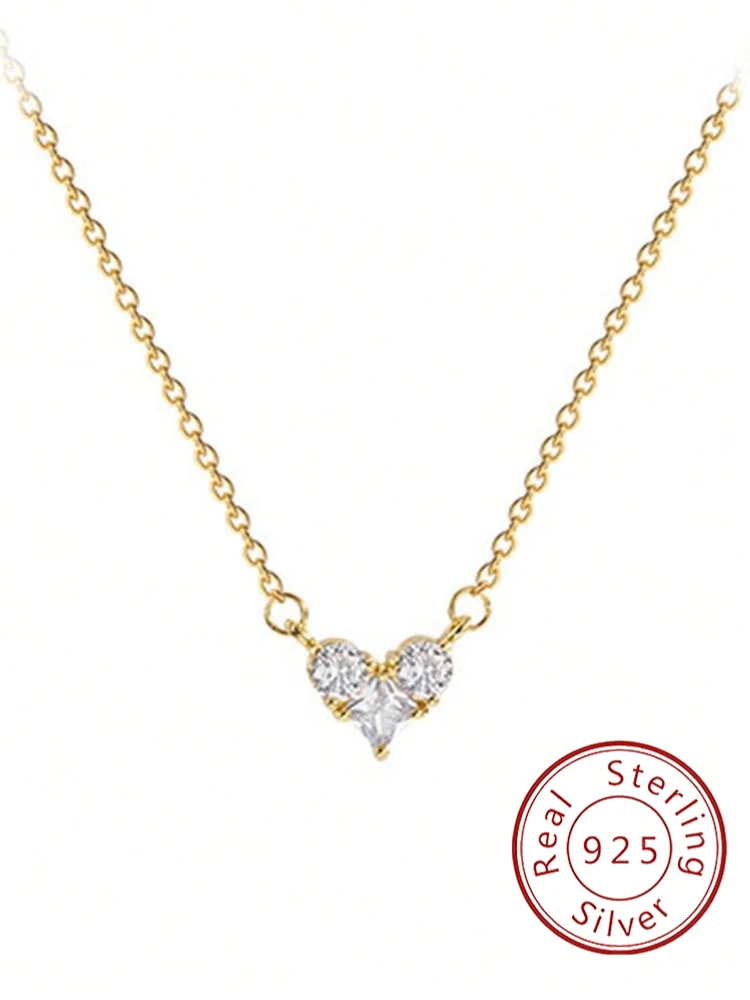 

925 Sterling Silver Sweet Romantic Gold Love Shape Zircon Necklace For Women Engagement Daily Wear High Quality Fine Jewelry