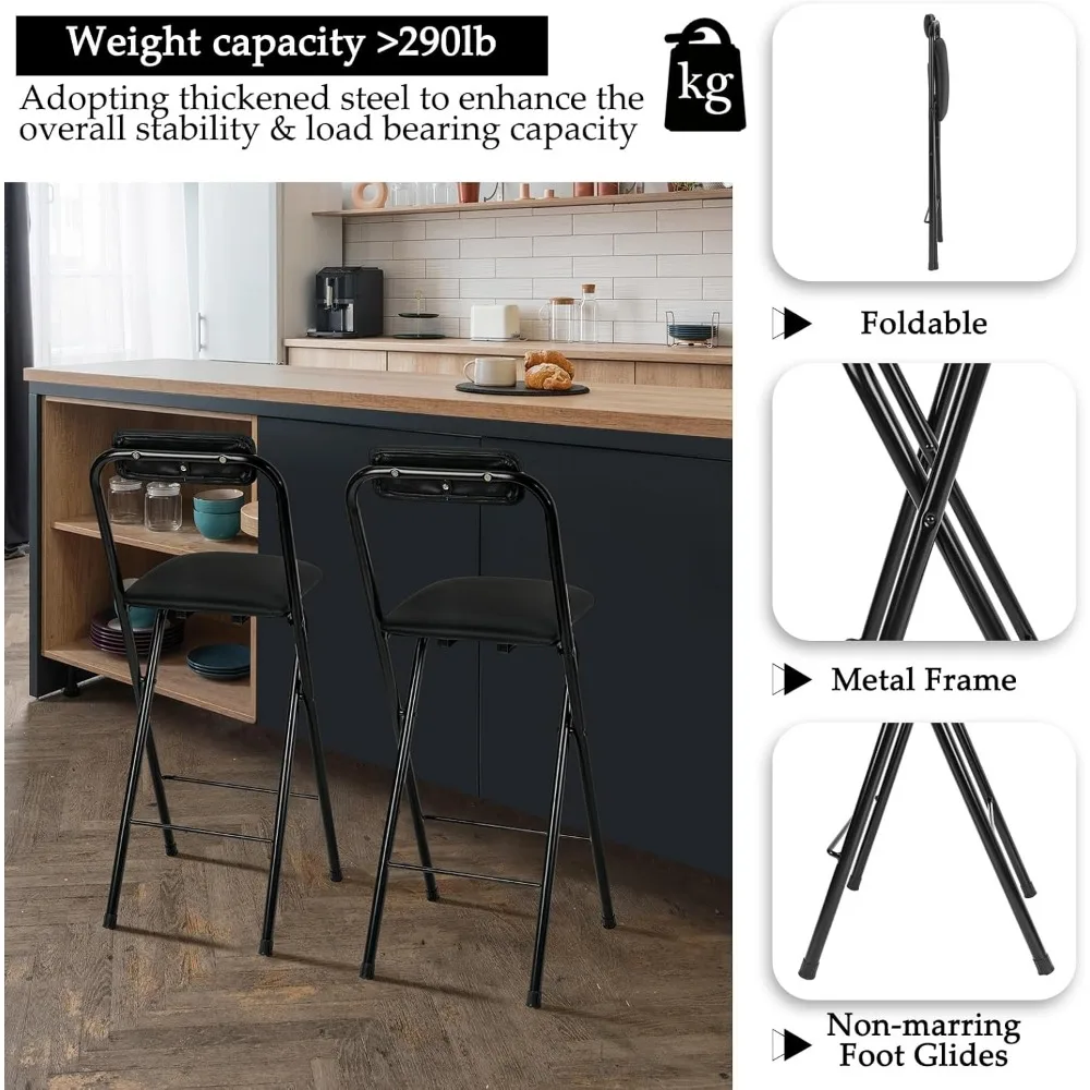 Tabouret de bar pliant avec dossier – Chaise haute et portable à hauteur de comptoir, siège haut pliant pour cuisine ou bar, similicuir