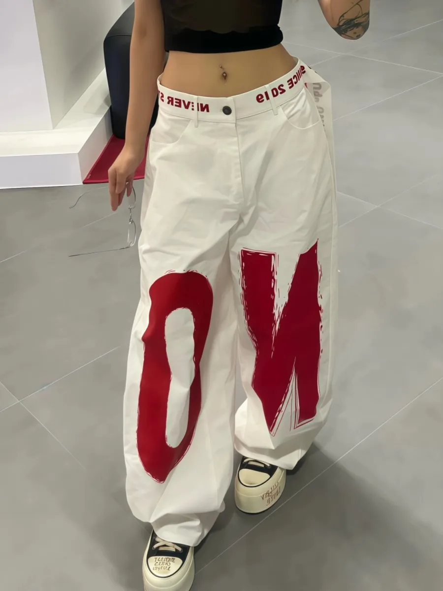 Retro American Design Color Collision Letter Print Jeans Women Sexy Personality Trendy Floor-Length Pants Straight Leg Jeans