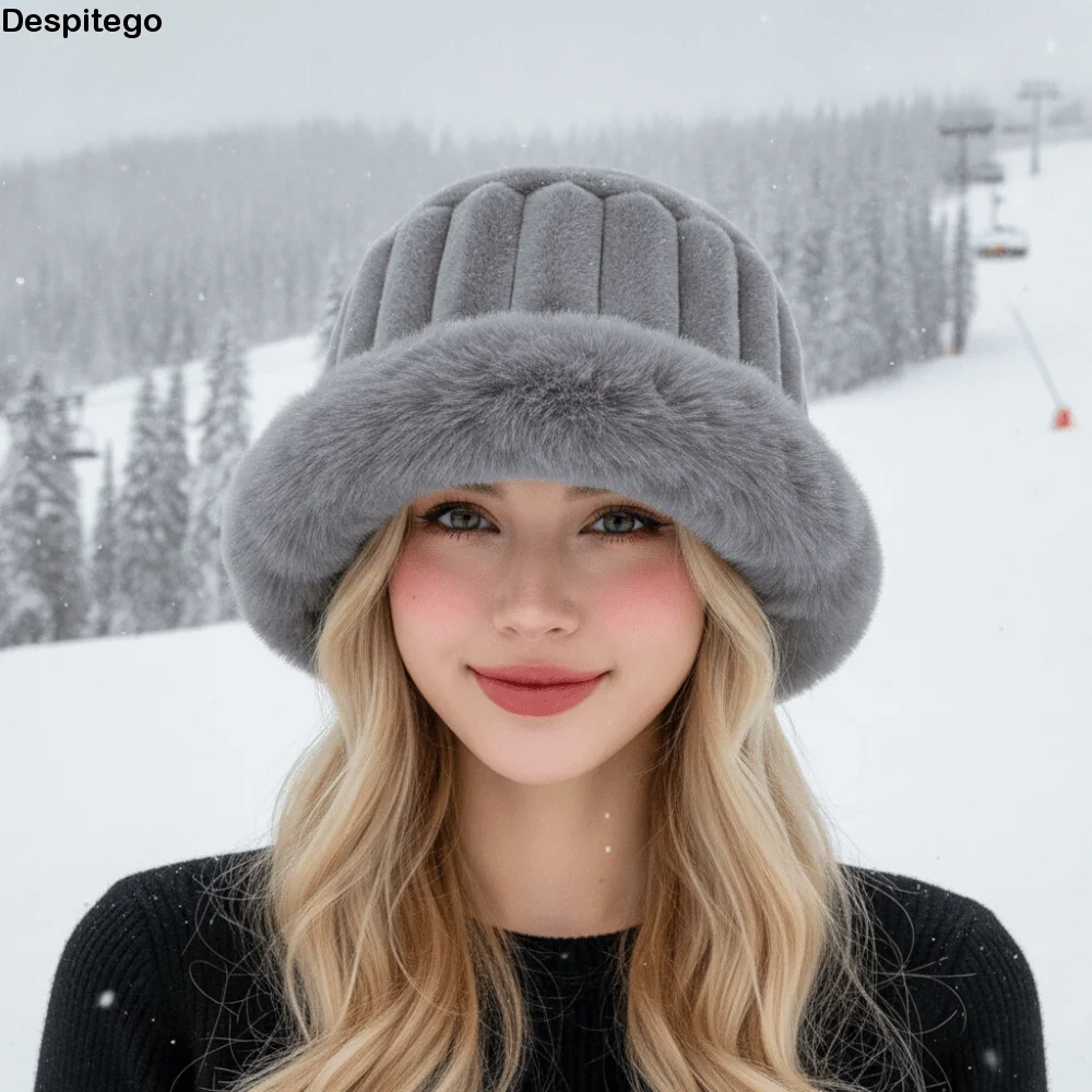 Vertical Texture Striped Fur Hat Faux Fur Brim Fleece Lining Puffy Bucket Cap Thermal Insulation Solid Color