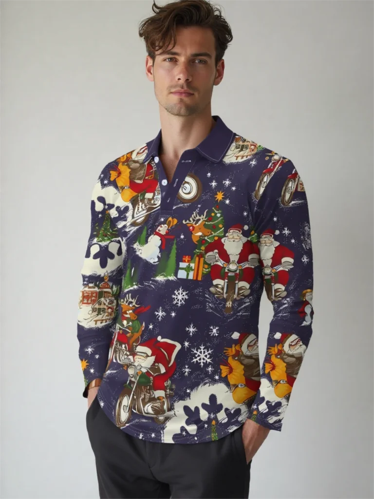 

Men's Long Sleeve Polo Shirts 3D Print Santa Claus Elk Casual Turndown Tee Shirts Outdoor Mens Oversized Polo Shirt Streetwear