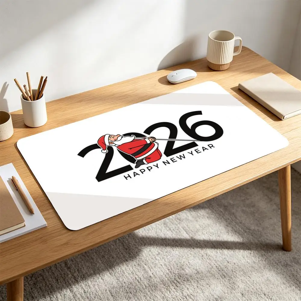 2026 Happy New Year Funny Santa Claus Large Desk Mat Non‑Slip Rubber Base Stitched Edge Festival Mouse Pad for Home Office