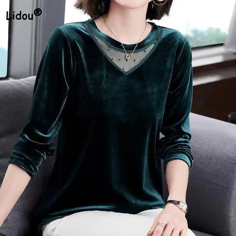 

Autumn Winter Mesh Spliced Vintage Round Neck Tops Women's Clothing Fashion All-match Female Solid Color Long Sleeve Pullovers