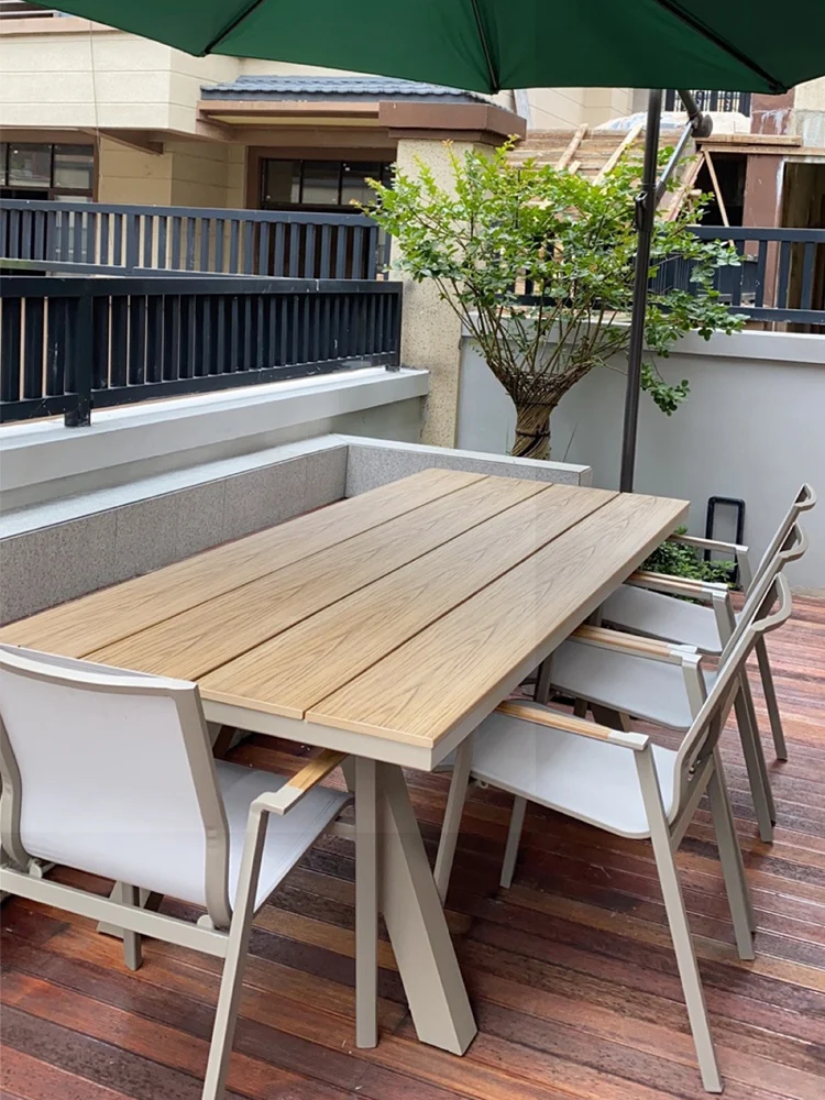 Outdoor table and chair courtyard plastic wood dining table open-air large long table outdoor garden yard terrace