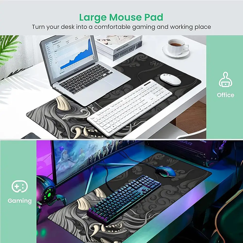 Mauspad im Ukiyo-e-Stil mit dämonischem Thema, Schreibtischunterlage mit genähtem Rand, rutschfest, langlebiges PC-Zubehör, Gaming-Matten, Mauspad-Teppich