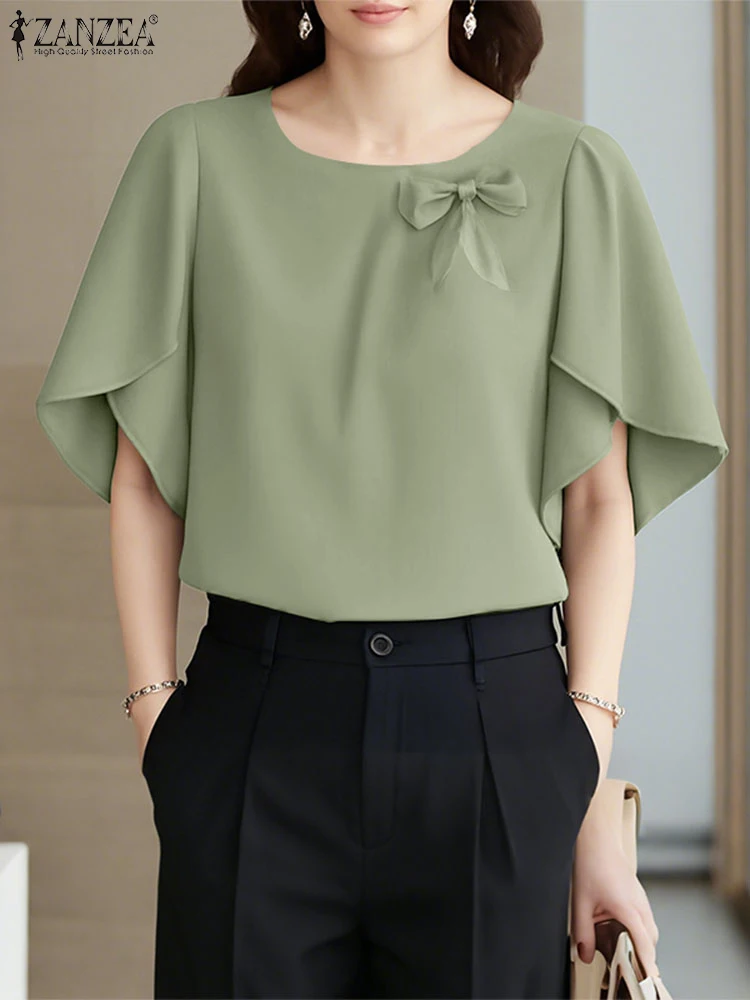 เสื้อผู้หญิงลำลอง ZANZEA คอทรงโอ แขนทรงกลีบดอกไม้ครึ่งแขน แต่งโบว์ สีพื้น เสื้อท่อนบน ฤดูใบไม้ร่วง 2025 เสื้อผ้าผู้หญิง 3 สี ขายส่ง