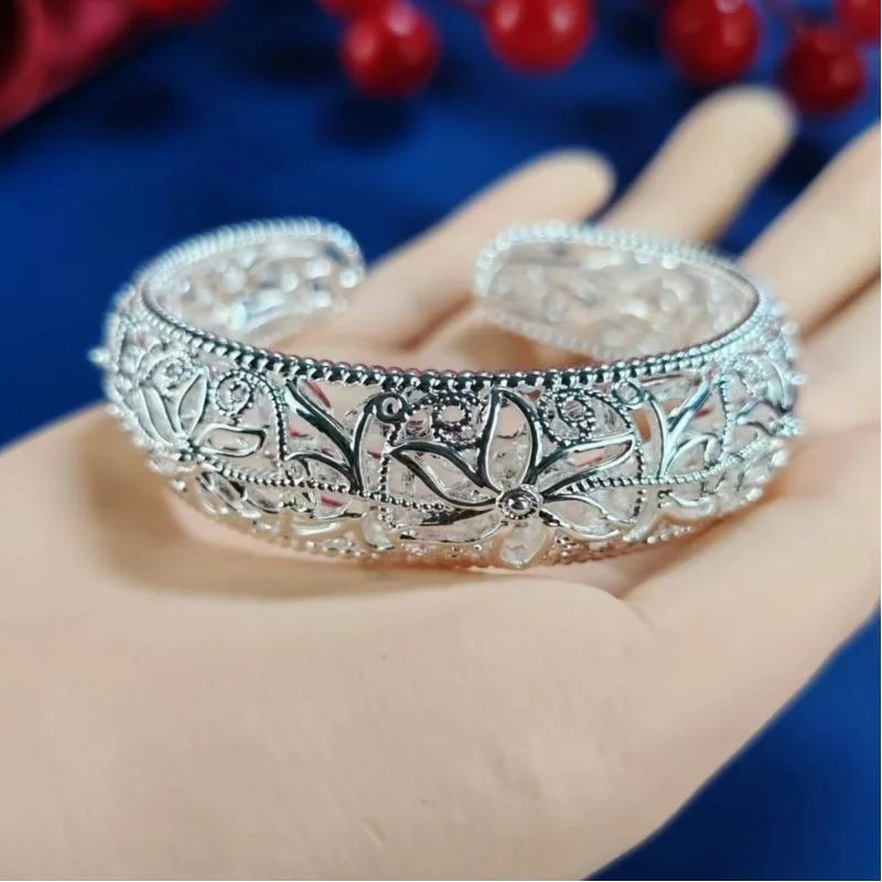 Douyin Live White Copper Plated Hollow Filigree Wide Bracelet Palace Style Cloisonné Craft Adjustable Open Bracelet