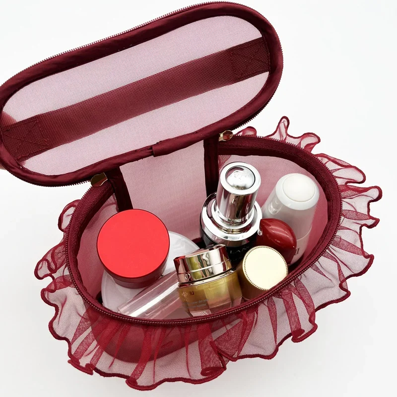 Petit Trouver-neceser portátil de malla con encaje bordado, bolsa de maquillaje para cosméticos, bonito regalo para el Día de San Valentín